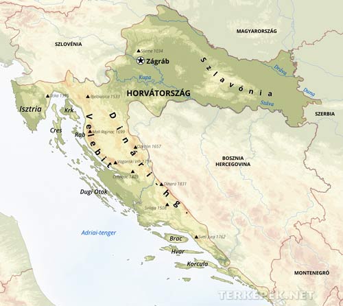 Horvátország domborzati térképe
